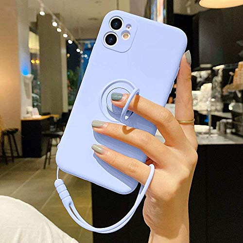 Pepmune för iPhone 12 fodral flytande silikon med ringhållare ställ magnetisk bilmontering avtagbar handledsrem stötsäker mjukt skyddande fodral för iPhone 12-lila