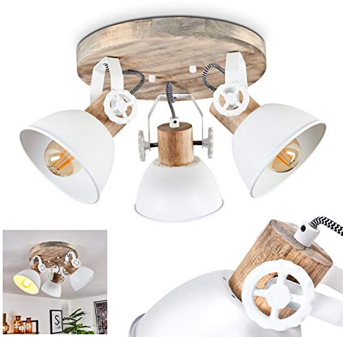 HOFSTEIN Deckenleuchte Orny, verstellbare Deckenlampe aus Metall/Holz in Weiß/Naturfarben, moderne Leuchte im Industrial/Retro/Vintage-Design, 3 x E27, Wohnzimmer, Esszimmer, Schlafzimmer, Küche