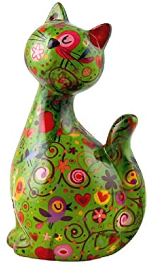 Pomme Pidou, Spardose aus Keramik, Katze Karamell, Grün, Vogelmotiv, 12,5 x 10,3 x 21,5 cm