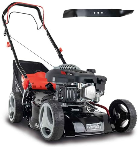 Scheppach Benzin Rasenmäher MS132-42 | Schnittbreite 42cm | Radantrieb | 3,3 PS | Stahlgehäuse | Reinigungsfunktion | Mulchfunktion | 45 Liter Fangkorb | 7-Stufen Höhenverstellung | inkl. Ersatzmesser
