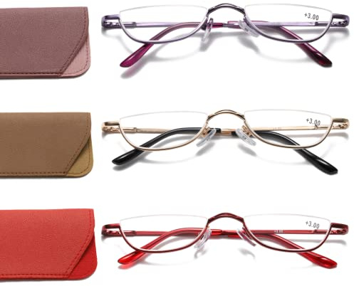 Viseng Half Frame Reading Glasses for Women Men Slim Half Moon Lens Readers Metal Semi Rimless eyewear Purple+Gold+Red+3.5