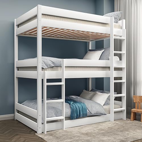 Blisswood 3ft Triple Bunk Bed for Kids & Teens, Solid Pine High Sleeper with Ladder, Wooden Space Saving Bunk Bed Frame for Bedroom, White (L197 x W96 x H198 cm)