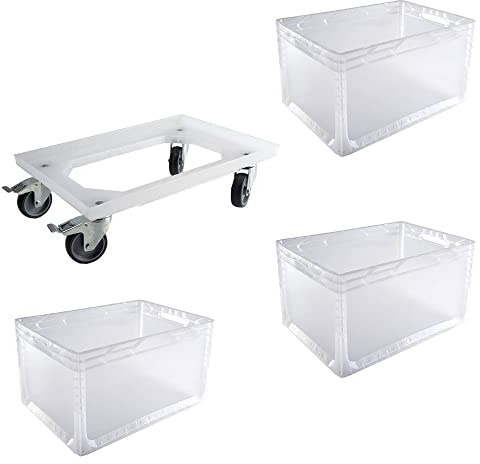 Schnellkarton Set 3 Euroboxen + Rollwagen Transportwagen Transportroller Eurobehälter Lagerbox Milchig Kistenroller Behälter Lagerkiste Stapelbox Lagerkasten Box Euronormbox Eurokiste Milchig