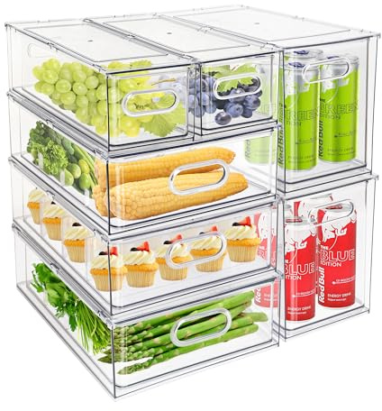 Eanpet 7Pack Clear Fridge Drawer Organizer Pull out Bins Stackable Refrigerator Organizer Bins with Handle for Kitchen Cabinet Organization Divided Produce Saver Container for Fruit Veggie Egg