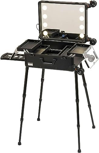 Kosmetikkoffer Pilotenkoffer Beauty Case Reisetrolley Friseurkoffer Kosmetik Trolley, Kosmetikkoffer Mit LED-Licht, 3-Farben-Lichtquelle, Helligkeit Einstellbar, Schwarz (Color : Black Without Stand