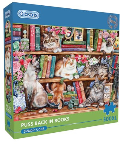 Gibsons Puss Back in Books 500XL Jigsaw Puzzle for Adults - Extra Large Pieces for Easy Handling - Cute Cats Artwork by Debbie Cook - Feline Lovers Gift - Premium Sustainable UK/EU Made