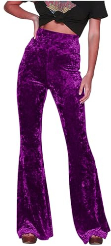 Velvet Pants for Women Flare Solid Trousers High Waist Wide Leg Jogger Vintage Retro Pants Loose Fit Plus Size Stretch Trousers Ladies Casual Business Work Long Pants UK Clearance Purple