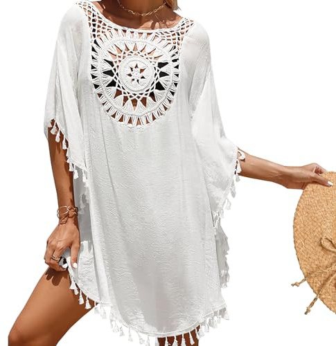 Figarge Damen Strandkleid Bikini Cover Up,Sommer Strandurlaub Badeanzug mit Quasten Cutout Crochet Strandtunika Boho Strandtunika, Transparent Bikini Beachwear Cover-Ups (Polyester, Weiß)