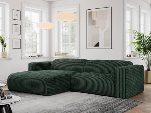 MKS MEBLE Ecksofa Cord, Sofa Cord L-Form, Wohnlandschaft L-Form, Modern Design Couch, Sofagarnitur, Couchgarnitur, Polsterecke - Pasadena - Grün Cord - Links Seite