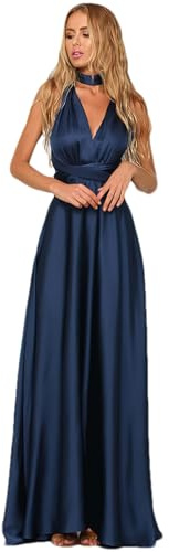 Jamron Femme Elégant Col en V Profond Robe Satin de Soirée Multi Way Robe Portefeuille Robe de Bal Maxi Longue Bleu Marine SN0703227 S