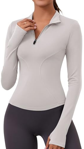 Rapbin T-Shirt Damen Langarm Sportshirt Gym Top Sport Oberteil Laufen Shirt Leicht Fitness Oberteil mit 1/4 Reißverschluss und Daumenloch