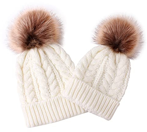 Yuerach 2PCS Parent-Child Knit Hat, Family Matching Winter Warmer Crochet Hat, Mother & Baby Knit Hat Ski Cap with Pom for Women and Baby Girl Boy Kids (White)
