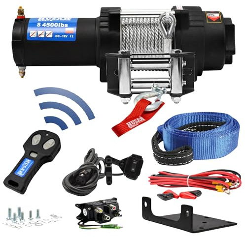 Husar Winch Elektrische Seilwinde 12V, 4500 lbs 2040 kg, Drahtseil 12 Meter lang, sehr stark, kabellose Steuerung, automatische Bremse, Planetengetriebe, Montagesatz - ideal für Quads und ATV/UTV