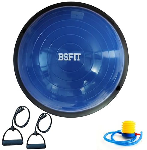BSFIT Base Rígida media esfera, semi pelota balón de 46 cm de Diámetro, con Gomas Elásticas e Inflador, Azul, semiesfera equilibrio, equilibrio fitness