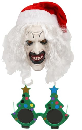 Terrifier-Maske für Erwachsene, Weihnachtsclown-Kostüm - Art's Weihnachtsgläser - Weihnachts-Horror-Requisite, Weihnachtskostüm-Requisiten, Kopfbedeckung, Kostüm-Requisiten, Zubehör für Cosplay, Rolle