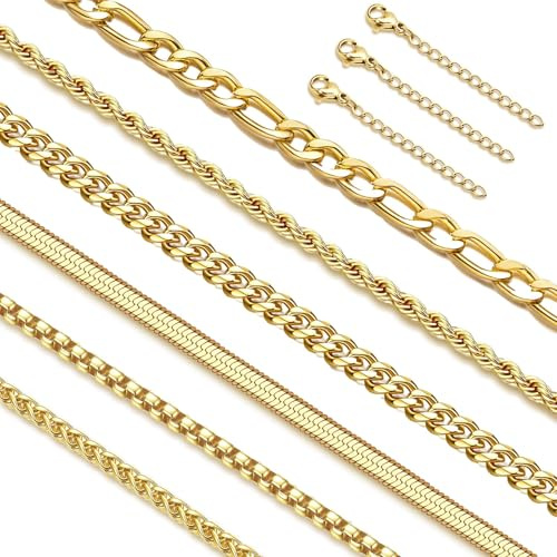 Adramata 6 Stück Halskette Herren Edelstahl Kette Männer | Cuban-Link-, Rope-, Box-, Figaro-, Fischgrät- und Geflochtene-Ketten | Länge 40/45/50/55/60CM | Silberkette/Goldkette Herren Damen Schmuck