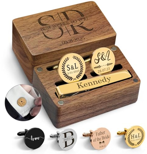 Gemelli personalizzati per uomo regalo gemelli con incisione personalizzata Set di fermacravatta con scatola di legno incisa Gemelli da sposa personalizzati Regalo per la festa del papà dello sposo
