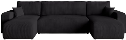 BROMARKT Ecksofa mit Bettkasten und Schlaffunktion 125x268 U-Form Schwarz | Wohnlandschaft für Wohnzimmer freistehendes Sofa Eckcouch mit Kissen Cordstoff Sofabett Sofabed Eckgarnitur PUMI U