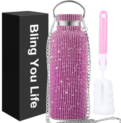 Bling Water Bottle Rhinestone,Diamond Cup,Glitter Stainless Steel Thermal Bottle with 55In Chain,Sparkly Gifts for Girls Women,Rhinestone Tumbler for Anniversary,Birthday (Pink)
