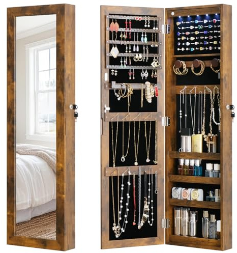 MASMIRE Full Length Mirror Jewelry Cabinet Organizer Lockable Door Wall-Mounted Jewelry Armoire with Shelves and Behind the Door Storage Rustic Brown