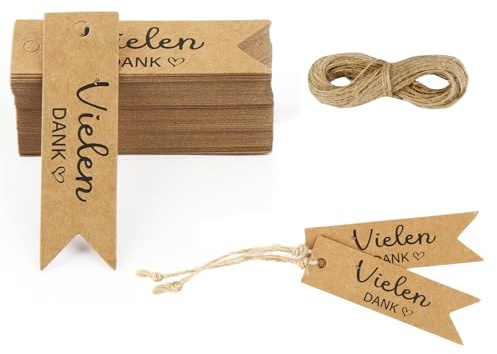 Hopton 100 Stück Geschenkanhänger Danke, 7 * 2cm Vielen Danke Anhänger | Kraftpapier Anhänger mit 20M Schnur,Geschenkanhänger zum Beschriften,Etiketten anhänger für Hochzeit,Feste,Geschenke(Braun)