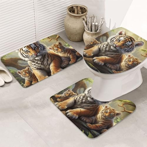 rutschfeste 3 Badteppich Set Tigerjunges U-Förmigen Contour Matte Anti-Rutsch Weiche Badgarnitur Badematten, Für Badezimmer, Spa, Wc-Sitz Bezug