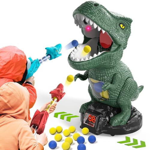 BLmukce Dinosaurie skjutleksak för pojkar 2 3 4 5 6 7 år, 2 luftpumpar, avfyrare, rörligt mål och 48 skumkulor, utomhus/bakgård spel med LED-partitur och ljud
