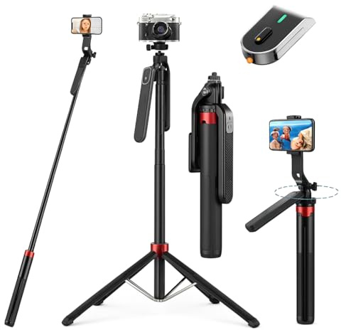 CHAKOOS Perche à selfie, télécommande Bluetooth, 180 cm, rotule à 360°, base à 4 pieds, support de téléphone, trépied pour appareil photo, trépied de voyage, petit trépied, trépied iPhone, perche à