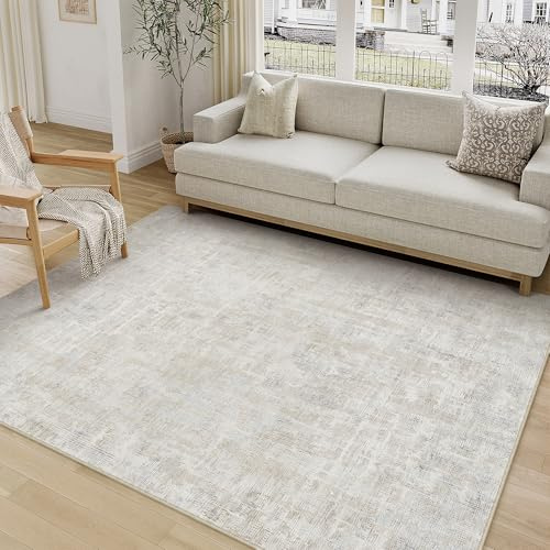 PureCozy Tappeto Salotto Tappeti 120x170cm Beige Lavabile in Lavatrice Antiscivolo Moderno Astratto Naturale Grande Carpet Cameretta Scendiletto Camera da Letto Ufficio Pelo Corto