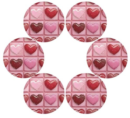 Set di 6 tovagliette rotonde per San Valentino, motivo: mattonelle, colore rosso, per tavolo da cucina, lavabili, tovagliette