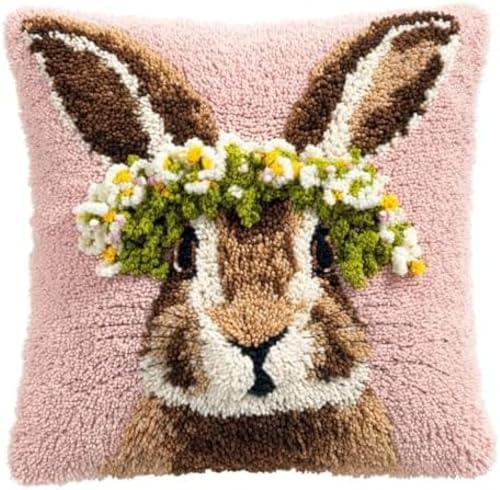 kitphoenix Knüpfkissen-Set,süßes Hasen-Blumenkranz-Porträt mit vorgedrucktem Kissenbezug,DIY Latch Hook Kissenbezug,Häkelgarn-Bastelset für Hobby und Heimdekoration,43x43 cm,5