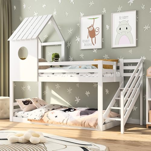 SUNFECILI Kinderbett Etagenbett 90x200 cm mit Leiter, Hausbett für 2 Kinder, Hochbett aus Holz mit Rausfallschutz Lattenrost, Bett Stockbett mit Dach in Hausform, weiß (Baumhaus)