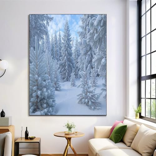 ZISTRCBAO Verschneiter Wald Bild Auf Leinwand 40×50 cm, Winterlandschaft Wohnzimmer Deko Wandbild Kunstdruck Auf Leinwand Bild Schlafzimmer über Bett Room Decor Geschenke, Weiß