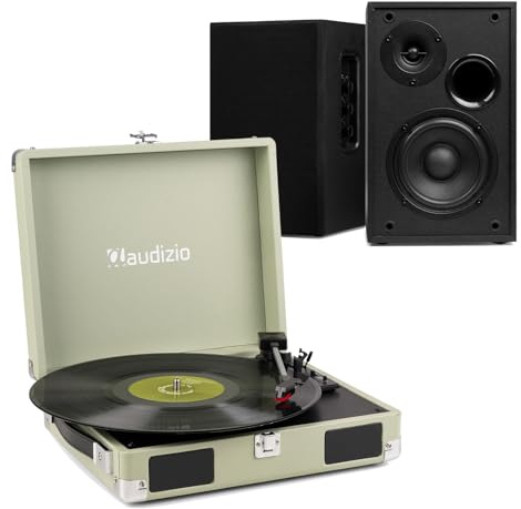 Audizio Suitcase Record Player & Bluetooth Bookshelf Speaker Set – Complete Vinyl Listening System with Built-In Stereo, Active HiFi 80W Speakers, Line Output, RCA Cable, Green Design, USB Power
