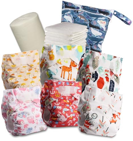 Littles & Bloomz Pañales Reutilizables – Pañales de Tela Tipo Bolsillo con Cierre de Gancho y Bucle en la Cintura, 6 Pañales + 6 Insertos de Microfibra, Forros de Bambú y Bolsa Impermeable, 625VM6
