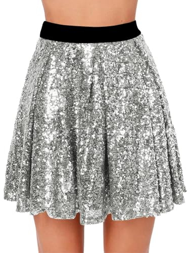 Glitzer Pailletten Rock Damen, Metallischer Faltenrock & Minirock In Gold/Silber | FüR Karneval, Festival, Disco, Fasching & Partys, Glitzer Rock Elastischer Bund Hohe Taille