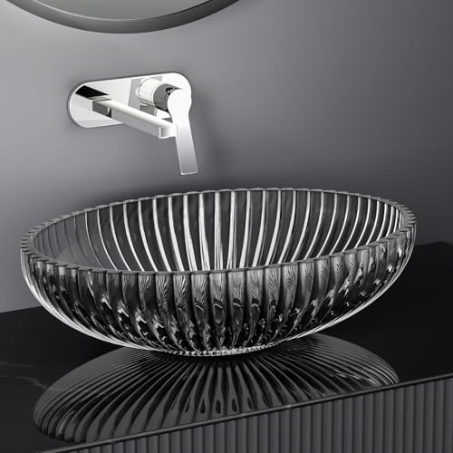 EMKE Aufsatzwaschbecken 510 x 350 x 150mm, Ovales Glaswaschbecken, gehärtetem Bleikristallglas Waschbecken, Waschbecken Bad, Waschschale ohne Hahnloch, Transparent Schwarz