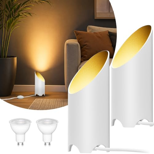 Yimaifunly LED Bodenstrahler Innen Wohnzimmer: 3000K 7W GU10, Weiß, 2 Stück | 3000K warmweißer LED Uplight Spot mit Fußschalter und 1,8 m Kabel für indirekte Beleuchtung, Pflanzen, Bilder und Sofaecken