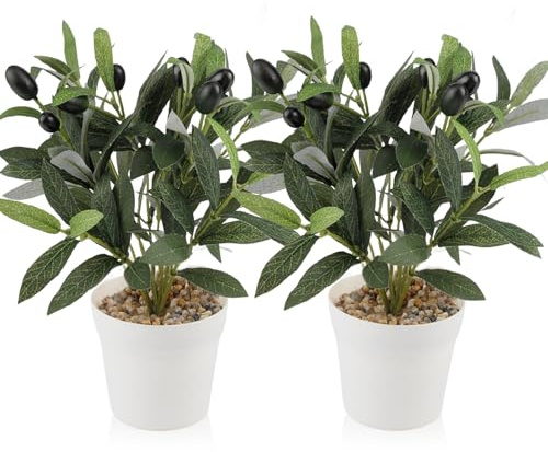 CYIOU 8PCS Branches Faux Olivier Artificiel 28cm Fausse Plante Artificielle | Feuillage Artificiel avec Deux Pots de Fleurs Blancs Plante Decorative Interieur Exterieur pour Mariage Bureau Maison