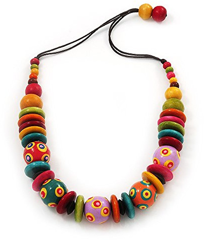 Ovillo de madera multicolor de cuentas Cordón de algodón collar con colgante en forma - 80 cm, longitud