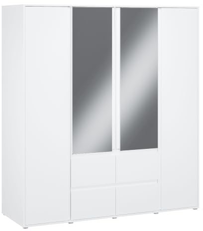 Forte LISSON Kleiderschrank 180, modern-minimalistischer Schrank, 4-türig, Spiegel, Kleiderstangen und Einlegeböden, Holzwerkstoff, Weiß, 177,5 cm breit x 193,7 cm hoch x 60 cm tief