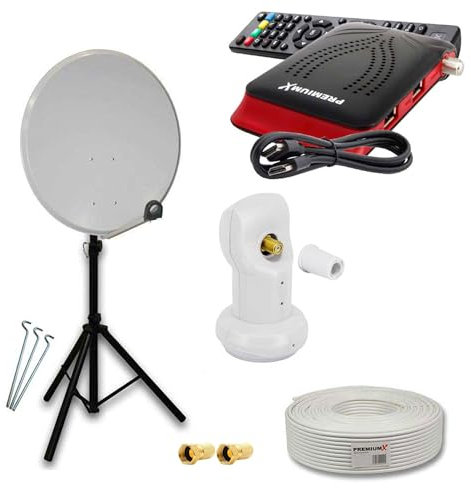 Premium X Satelliten-Komplettanlage 80cm Satellitenschüssel Aluminium Single LNB TV Kabel Dreibein-Stativ FullHD SAT Receiver