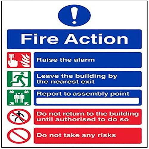 V Safety 5‑Point Fire Action Notice “Do Not Take Risks” – A4 (210 × 297 mm) Self‑Adhesive Vinyl – EN ISO 7010 Compliant Fire Safety Sign