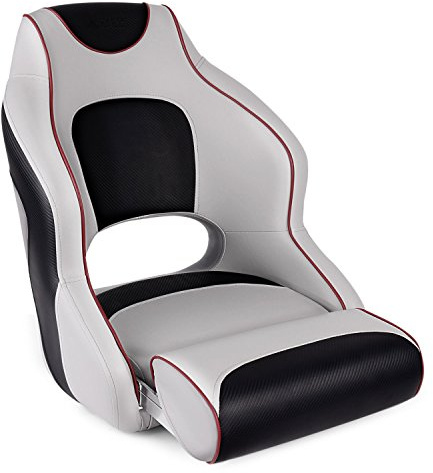 Leader Accessories Two Tone Captains Bucket Seat Boat Seat Premium Sports Flip Up Boat Seat(Light Grey/Black,Dark Red Piping)