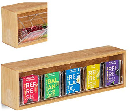 Relaxdays Tea Box in Bambù, 5 Scomparti, 50 Filtri, Coperchio Ribaltabile, a Parete, Salvaroma, 11,5x39x8cm, Naturale