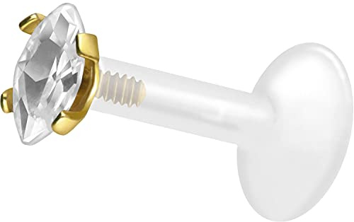 PIERCINGLINE PTFE Labret mit Innengewinde | Titan AUFSATZ EINGEFASSTER KRISTALLTROPFEN | Piercing Lippe Nase Ohr Helix | Farb & Größenauswahl