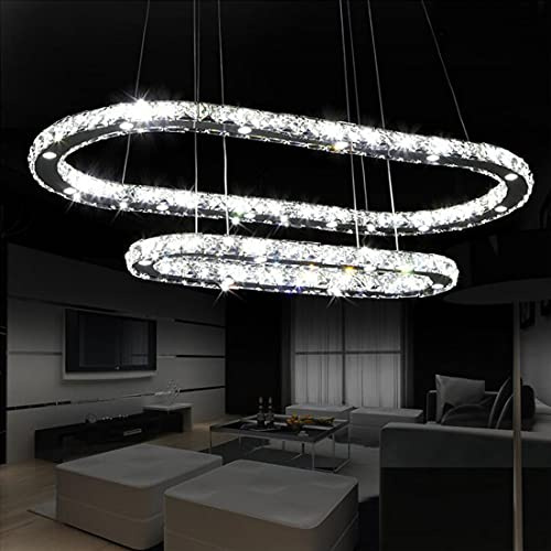 Dimmbar LED Kronleuchter Hängelampe Esszimmer Kristall Leuchte, Esstischlampe, Modern Pendelleuchte Wohnzimmer Lampe mit Fernbedienung, 86+56cm, LED Deckenbeleuchtung Rechteck Oval Lüster, 2 Flammig