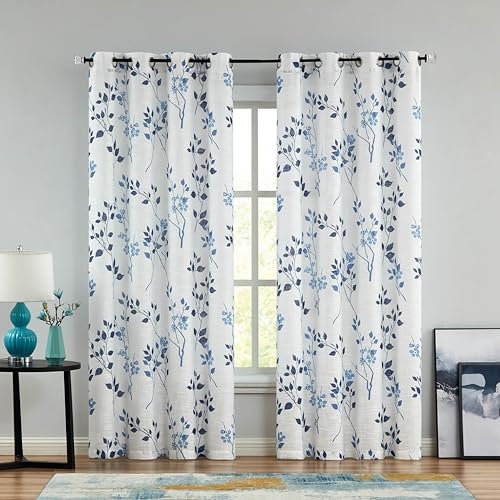 Beauoop Navy Blue Semi Sheer Floral Curtains for Living Room 90 Drop Linen Textured Farmhouse Curtains for Bedroom Leaf Printed Eyelet Rustic Drapes Window Treatment Set 2 Panels