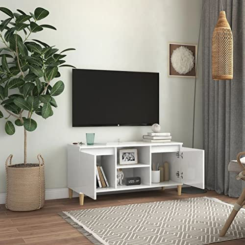 Tidyard Mobile TV con Gambe in Legno Massello, Mobile da Soggiorno Porta TV Armadio TV Tavolino Porta TV per Soggiorno Camera da Letto Ufficio, Bianco Lucido 103,5x35x50 cm