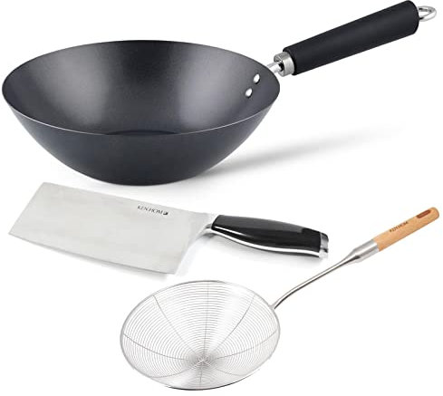 Ken Hom Wok 27 cm Induktion Karbonstahl antihaftbeschichtet - 3-tlg. Stielwokpfanne für Gas, Elektro & Glaskeramik - Set inklusive Edelstahl Schaumlöffel & 18 cm Hackmesser